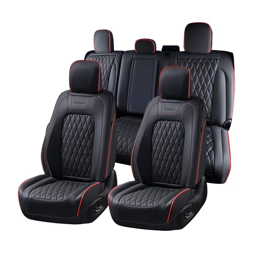 Image of Coverado Leather Seat Covers Full Set for Ford F150F250F350F450(2015-2026)Waterproof Automotive Cushion Covers for Pick-Up Trucks Custom Fit for F150 SuperCrew&F250-F450 Super Duty Crew Cab(Red Line)
