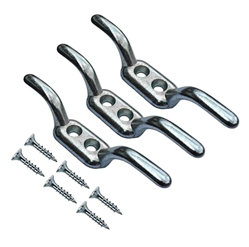 TERF® Heavy Duty Rope Cord Cleat Hooks 90mm [3.54''] Silver Washing Line Blind Curtain Ship Flagpole Cord Rope Cleat Hooks with Fixing Screw and Multi Purpose Use - Pack of 3