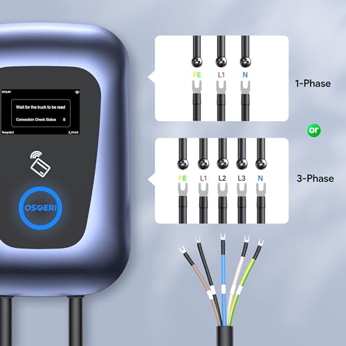 osoeri borne de recharge véhicules Électrique, ev chargeur monophasé ou triphasé câble de type 2 de 5m avec contrôle rfid et app, 32a station de charge standard iec 62196 2 pour ménage, 7.36 22kw