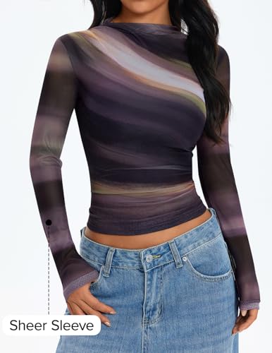 ZESICA Fall Floral Long Sleeve Tops for Women 2025 Mock Neck Mesh Ruched Slim Fit Going Out T Shirts Trendy Blouses2