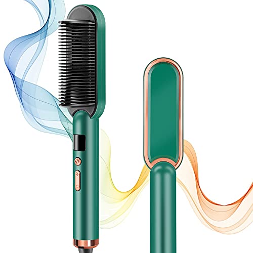 Hair Straightener Brush, PTC Ceramic Heating Ionic Hair Straightening Brush with Anti-Scald Design, Hair Straightening Comb and Hot Curling Iron for Women, Professional Salon at Home (Green)