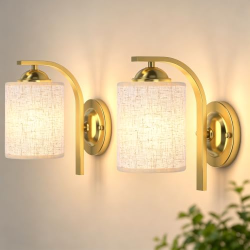 Image of 2-Pack Wall Sconces for Bedroom and Bathroom, Gold Farmhouse Wall Light Fixtures with Fabric Shade, Modern Vanity Wall Lamps for Living Room, Hallway, Kitchen