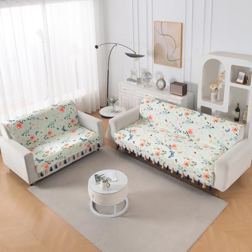 Image of HOKIPO 5 Seater Sofa Cover with Tassel in 3+2 Configuration | Full Protection for Seat and Back | Printed Holland Velvet Fabric | 'Whispers of Nature' | Pastel Butterfly Meadow (IN-1127+1126-D2)