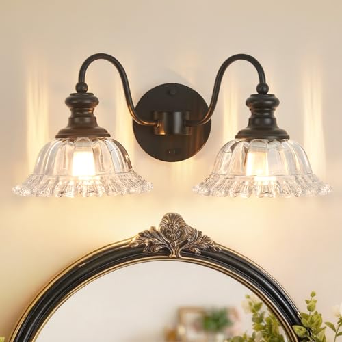 Image of 2 Lights Black Vintage Bathroom Vanity Light Fixture Over Mirror | Floral Transparent Glass Shades,Antique Wall Sconces,Wall Mount Up or Down, E26 Socket, Hardwired
