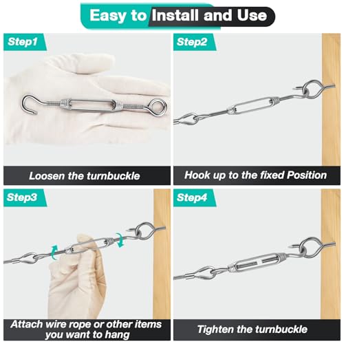 DIYLAND 10Pcs M4 Seilspanner Edelstahl, Haken und Auge Spannschloss Drahtseil Spanner Einstellbar Drahtspanner für Maschendrahtzaun, Stahlseil mit Ösen, Gardinenseil und Seilspannmarkise