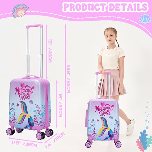 Image of Cute Mermaid Kid's Luggage Set 2 Piece Suitcase Set 16 inch Hardside Luggage with Spinner Wheels Girls Carry on Toddler Travel Rolling Luggage Airline Approved