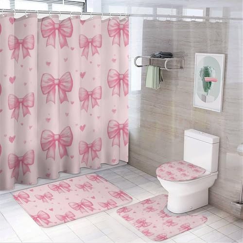 Set di 4 tende da doccia con graziosi cuoricini rosa, set da bagno moderni con tappeto per WC, tappetino da bagno e tappetino da bagno, arredo bagno di lusso con 12 ganci, 182,9 x 182,9 cm