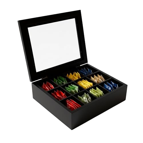 Relaxdays Teebox, 12 Fächer, Bambus, Teebeutel Aufbewahrung, Teekiste mit Sichtfenster, HxBxT: 8 x 28 x 23 cm, schwarz