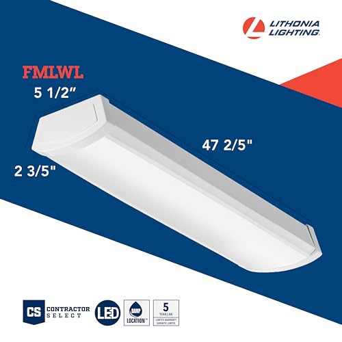 Image of Lithonia Lighting 4 Foot LED Light Fixture, Low-Profile Linkable LED Wraparound Flush Mount Ceiling Light, Adjustable Lumens, Selectable White Color, 120V, 48-Inch (FMLWL LNK 48 ALO4 8SWW2)
