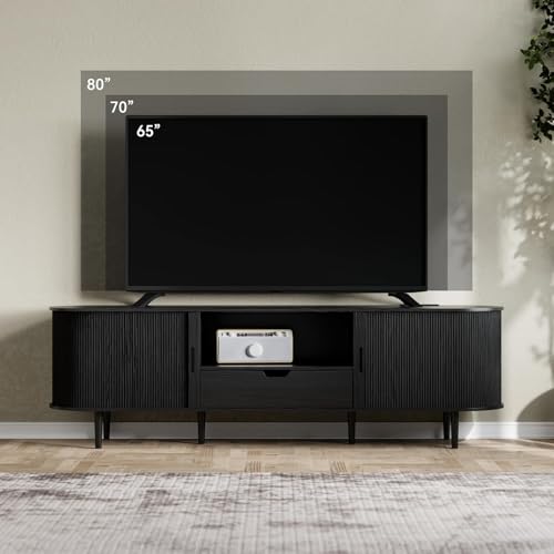 Image of DHH 71 inch Fluted TV Stand with Power Outlet for TVs up to 80 inch, TV Console with Adjustable Shelves and Sliding Door,Mid Century Modern Entertainment Center for Living Room,Bedroom(Black)