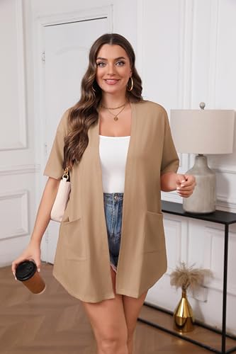 Image of IN'VOLAND Women Plus Size Lightweight Cardigan Short Sleeve Open Front Casual Summer Kimonos Cardigans with Pockets