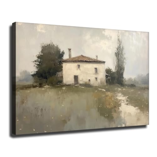 Vintage Rustic Farmhouse Countryside Landscape Oil Painting Art, Neutral Muted