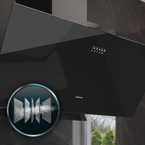 Cecotec Dunstabzugshaube Dekorativ 90cm Bolero Flux DM 906500 Glass Black A. 165W, Niedriger Energieverbrauch, Front aus schwarzem Glas, Absaugung 650m³/h, Mechanische Steuerung, 3 Leistungsstufen