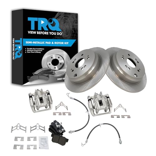 Image of TRQ Rear Brake Pad and Rotor Set Semi Metallic Rotors Calipers Hoses | For 2007-2011 Honda CR-V