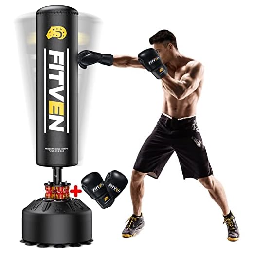 FITVEN Freestanding Punching Bag 70''-205lbs with Boxing Gloves Heavy Punching Bag with Suction Cup Base for Adults - Men Stand Kickboxing Bag Boxing Bag for Home Office