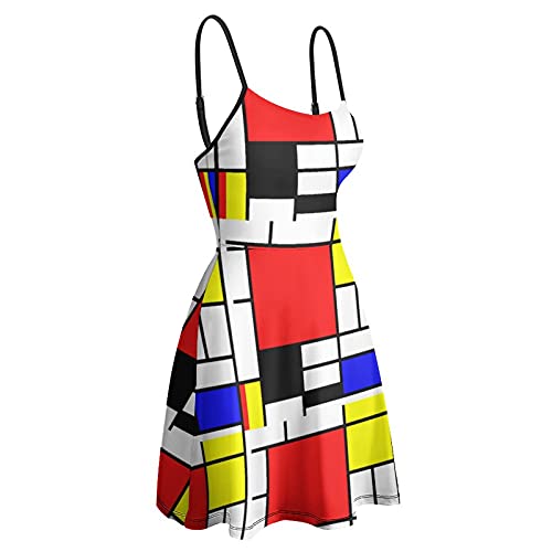 BAIKUTOUAN Mondrian Style - Abito da donna con scollo a tracolla, stile casual, con cinturino regolabile, taglia M