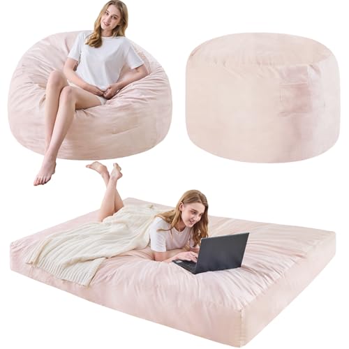 Bean Bag Chairs for Adults - Giant Bean Bag Chair Convertible Bean Bag Bed - Beanbag Chair with Micro Fiber Cover/Furniture Foam Filler - Floor Couch Sofa in Bedroom Dorm Room - Queen Pink