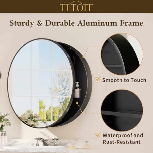 Image of TETOTE Bathroom Mirror Cabinet 30 x 30 Black Round Bathroom Medicine Cabinet with Mirror Adjustable Shelves Farmhouse Wall Mirror with Storage Surface Mounted