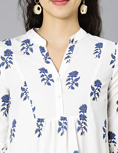 Image of oxolloxo Women Viscose Flared Regular Sleeves Floral Blue Casual Dress