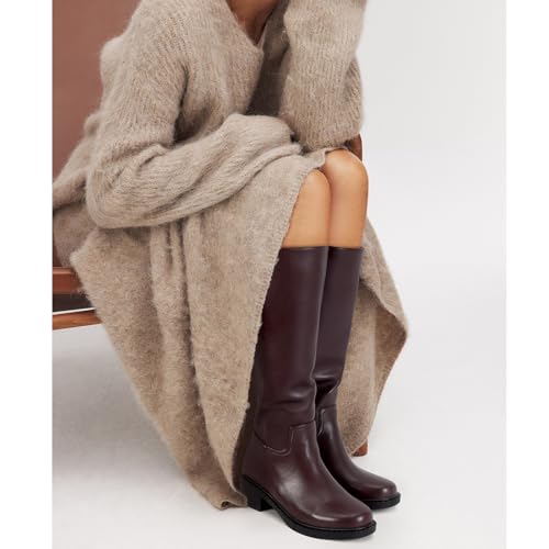 Image of Dsevht Black Knee High Boots for Women Faux Leather Elastic Low Heel Round Square Toe Side Zipper Fall Long Tall Boot