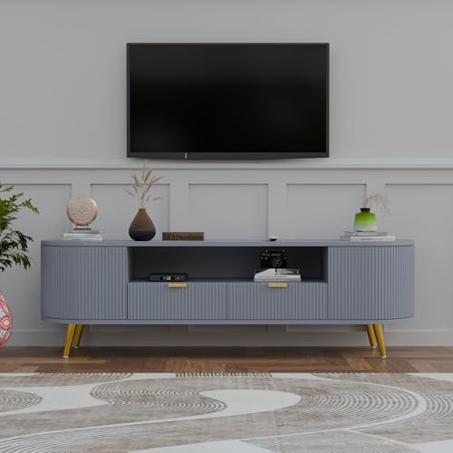 Image of Wooden TV Unit for Living Room | Media Console Movable Tv Cabinet | Free Standing Tv Unit with 2 Doors Drawers & 5 Shelf Storage | Sideboard Cabinet | HDMR Premium Wood & Iron Leg (Blue)
