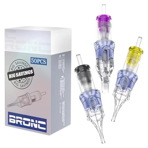 BRONC Assorted Tattoo Cartridge Needles 50pcs Mixed Tattoo Needle Cartridges Round Magnum 0.35mm #12 Standard RM (7RM 9RM 11RM 13RM 15RM) for Rotary Tattoo Machine Cover