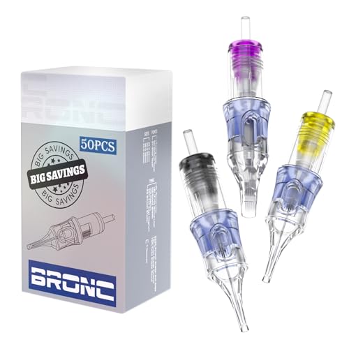 BRONC Assorted Tattoo Cartridge Needles 50pcs Mixed Tattoo Needle Cartridges Round Liner 0.35mm #12 Standard RL (3RL 5RL 7RL 9RL 11RL) for Rotary Tattoo Machine