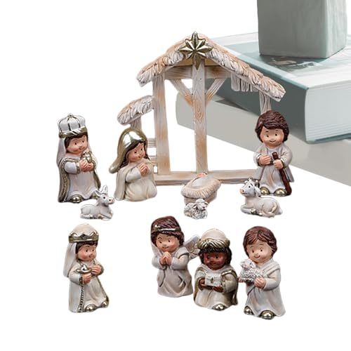 Miniature Nativity Scene for Kids, Small Nativity Figures Set,Nativity Set Christmas Indoor Scene Statue Figurines - 12X Resin Miniature Christmas Nativity Scene Table for Best