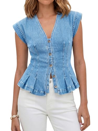 Tankaneo Womens V Neck Denim Vests Tops Trendy Summer Casual