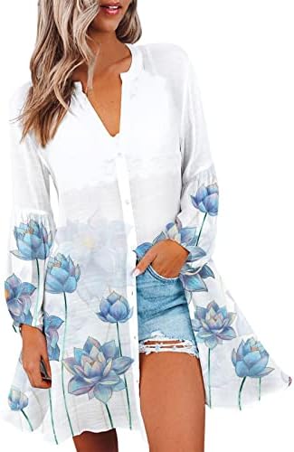 Womens Tops Dressy Casual Summer Tshirts Shirts for Women Beach Shirt For Women Holiday Floral Shrugs Shirt Floral Long Sleeve Button Print V Neck Casual Beach Tops Blue