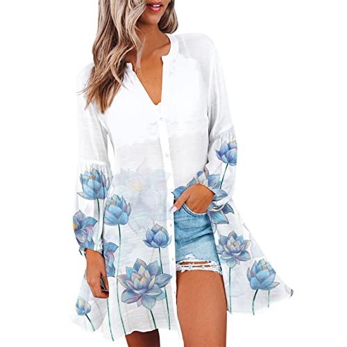 Womens Tops Dressy Casual Summer Tshirts Shirts For Women Beach Shirt For Women Holiday Floral Shrugs Shirt Floral Long Sleeve Button Print V Neck Casual Beach Tops Blue #TOP24
