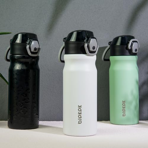 Image of BJPKPK 18 oz Water Bottle with Straw & Handle, Insulated Stainless Flask | Leak Proof Locking Lid, Thermal, Double Wall Vacuum, Keeps Hot /Cold, BPA Free, Dishwasher Safe, Travel & Sports, Black