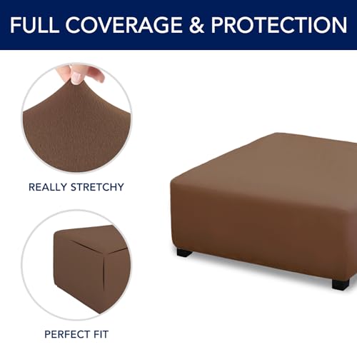 Image of PureFit Stretch Square Ottoman Cover 40x40x15 Footstool Cover, Brown | Fleece Large Ottoman Slipcovers Soft Form Fit Square Slipcover for Folding Storage with Nonslip Elastic Bottom