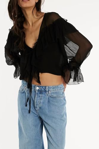 Image of Sexy Black Ruffle Shirt Flowy Lace Long Sleeve Front Tie Chiffon Top Boho Embroidered Peasant Blouse Summer Bow Tie Front Peplum Tops for Women