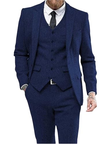 Costume de mariage en laine bleu marine pour homme en tweed trois pièces confort
