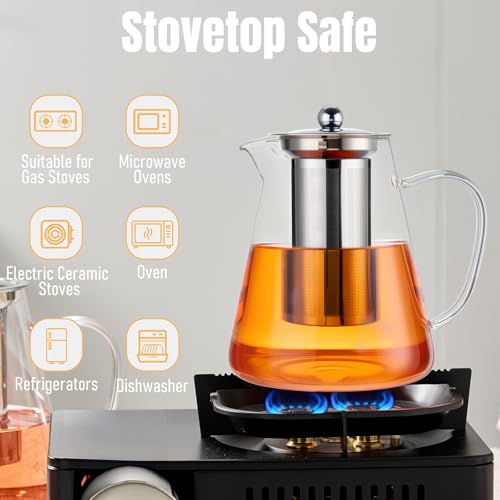 Image of Baalaka Glass Teapot 44oz /1300ml, Tea Pot with Removable Infusers for Loose Tea, Borosilicate Glass Tea Kettle Tea Maker Stovetop for Camping, Tea Infuser for Loose Leaf Tea Travel