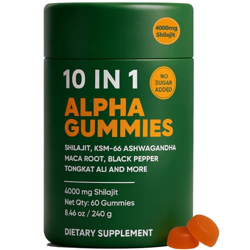 10-in-1 True Alpha Shilajit Gummies 4000mg Himalayan Alpha Gummies for Men Energy Boost Immune Support with Ashwagandha Maca Root Tongkat Ali Fulvic Acid 85+Trace Mineral No Added Sugar 60ct