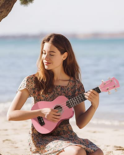 Image of Donner Soprano Ukulele for Beginners 21 Inch Ukelele Starter Bundle Kit with Free Online Lessons Bag Strap String Tuner Picks Cloth Ukalalee Yukalalee (Pink)