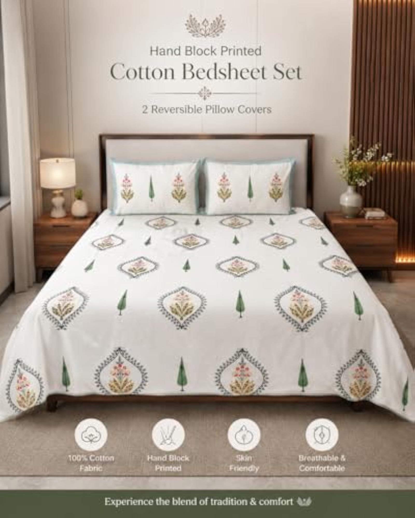 Hand Block Printed Cotton Floral Bedsheet Set with 2 Pillow Covers