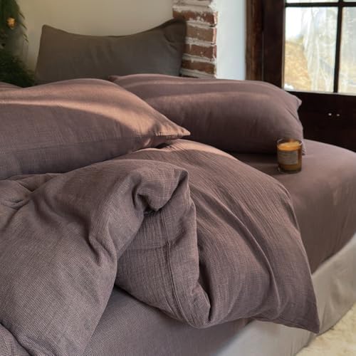 NSNLGSGC 100% Muslin Cotton Houndstooth Duvet Cover Queen Size, 2-Layer Small Checked Lightweight and Breathable Muslin Bedding, Linen Like Gauze Comforter Cover Set (Mocha Houndstooth, Queen)