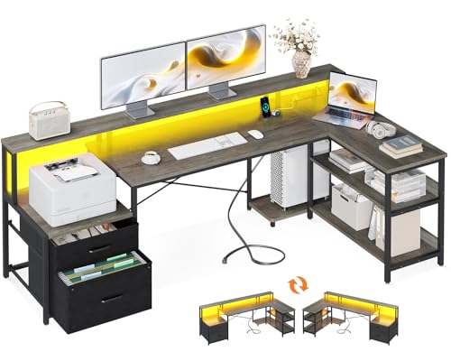 ODK L Shaped Desk with File Drawer, 75' Reversible L Shaped Computer Desk with Power Outlet & LED...