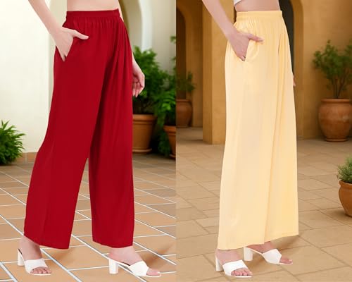 Image of Buy That Trendz Palazzo Pants for Women Cotton Rayon Elasticated Flared Wide Leg Regular Fit M to 6XL Pack of 2