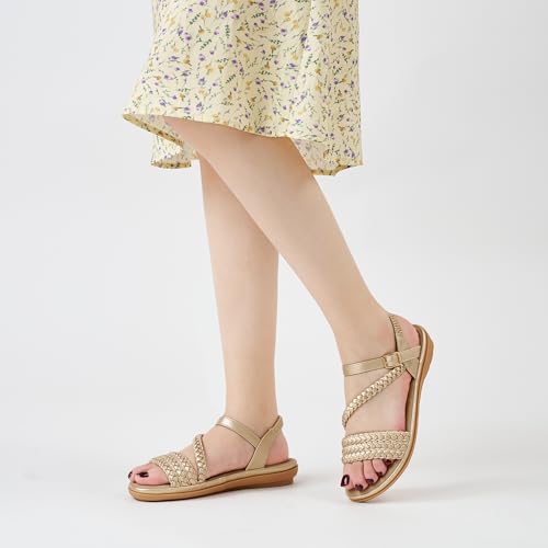 Image of Aomigoct Dressy Womens Sandals Summer: Comfortable Strappy Flats Sandals Women - Casual Walking Woman Shoes