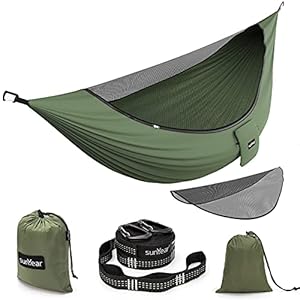 Sunyear Camping Hammock with Removable No See-Um Net, Double & Single Portable Outdoor Hammocks Parachute Lightweight Nylon with Tree Straps for Adventures Hiking Backpacking