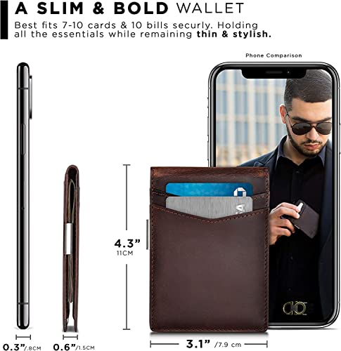 Contacts Genuine Leather Money Clip Wallet Slim Front Pocket RFID Blocking Card Holder Minimalist Mini Bifold for Men's | Up to 11 Card Slots Including 1 ID Window & 1 Bill Compartment (Brown)