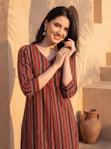 Image of INDO ERA Women Pure Cotton Striped Printed Kurta & Pant Set |Cord Set For Women Cotton