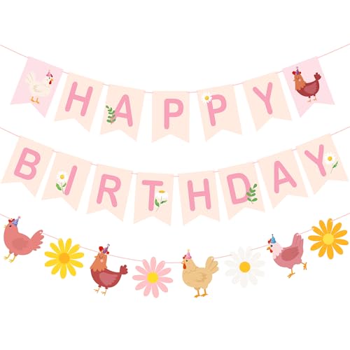Chicken Daisy Happy Birthday Banners Floral Chicken Birthday Party Decorations 3PCS Little Chick Boho Flower Hanging Banner Farm Animals Decor for Barnyard Hen Bdy Baby Shower Supplies