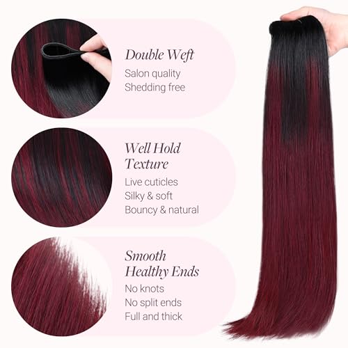Image of GOO GOO Sew in Hair Extensions Real Human Hair, Weft Hair Extensions Human Hair, #1 /99j Balayage Jet Black to Red 22inch 110g, Weft Bundles Straight Silky Remy Hair