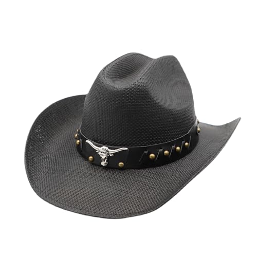 Image of Straw Cowboy Hat for Men Cowgirl Hats Women Wide Brim Beach Sun Hat Western Summer Hats