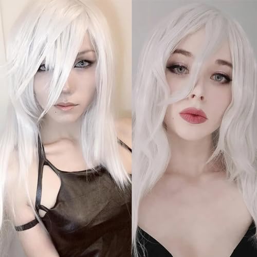 YEESHEDO 28" 70 cm Long Wavy Curly Hair Cosplay White Wigs with Fringe for Women Heat Resistant Synthetic Wig for Halloween Party Costume Anime,Snow White - Image 3
